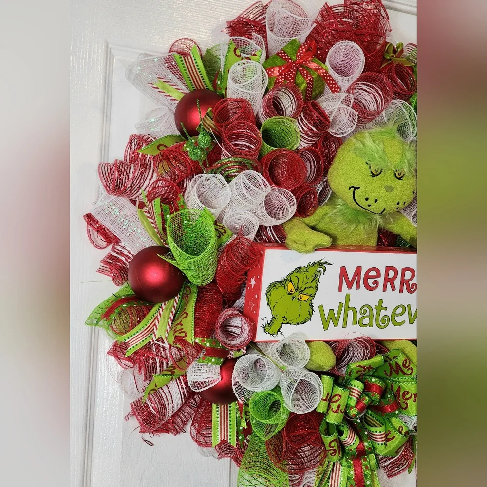 Festive GRINCH Holiday Christmas Wreath - Red, Green, White